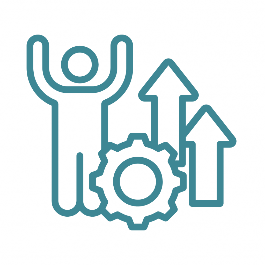 Line drawing of a person with arms raised, a gear, and arrows pointing upwards