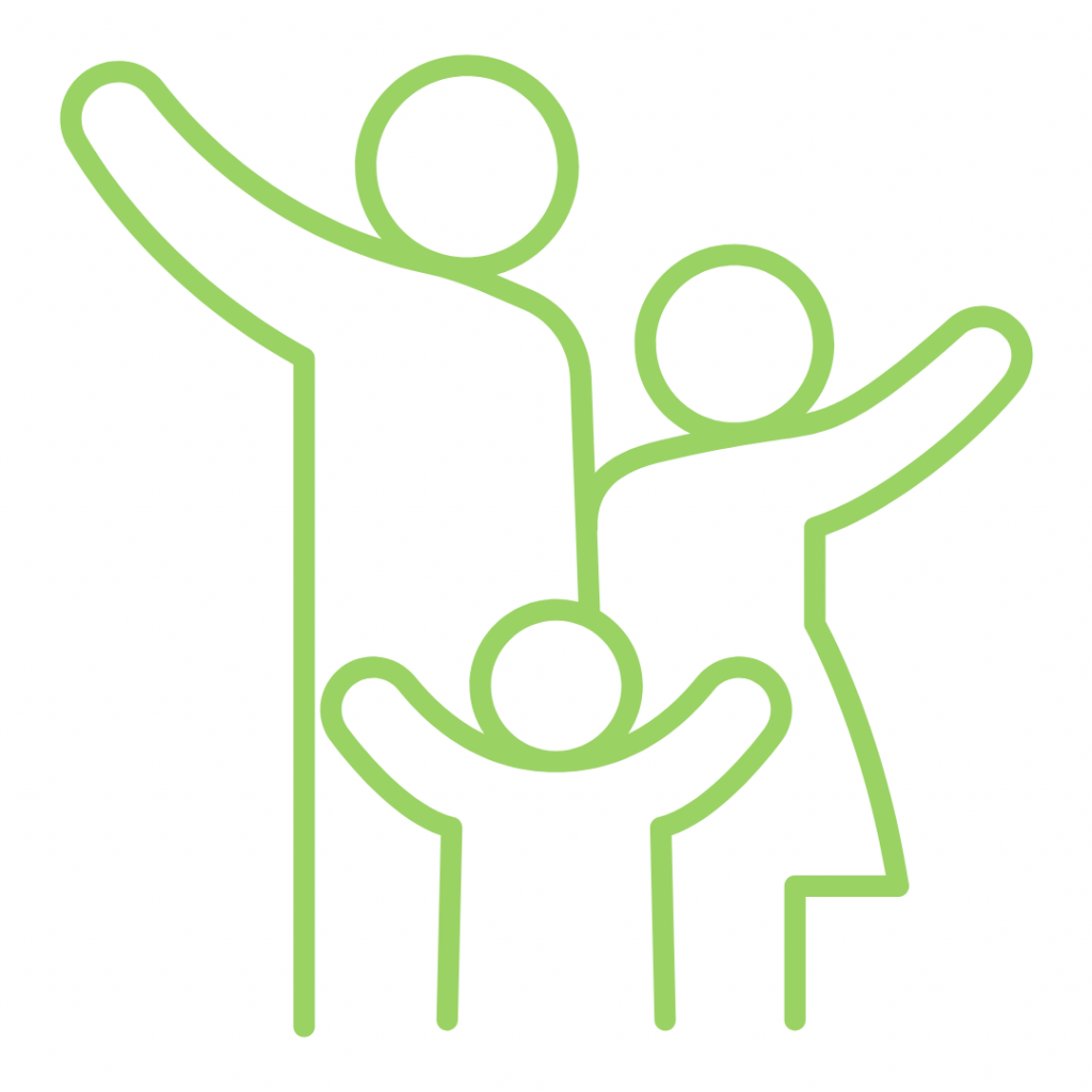 Line drawing of a family with two children, all with their arms raised in the air.