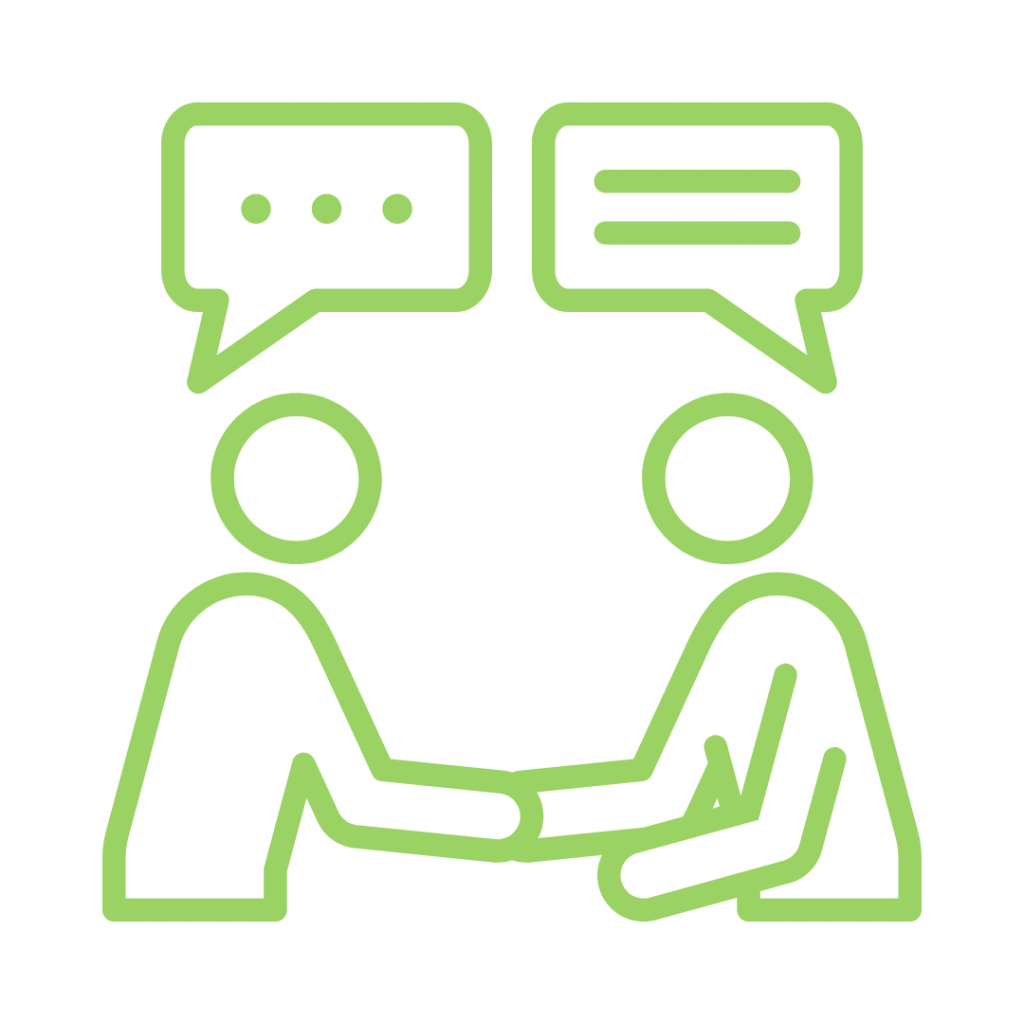 Two people shaking hands with speech bubbles above them