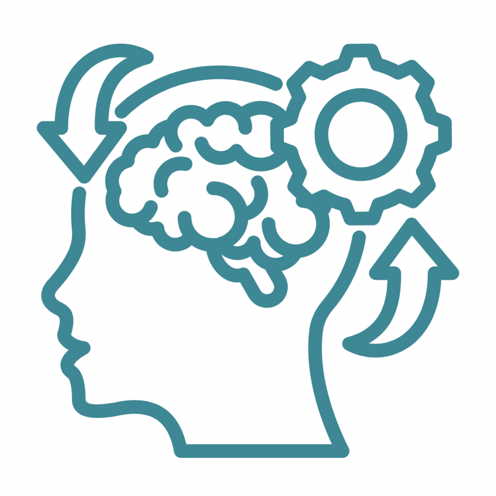 Line drawing of a human head with a brain inside, with a gear connected to it and arrows indicating movement.