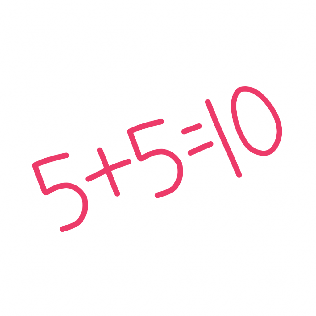 Handwritten equation showing 5 plus 5 equals 10