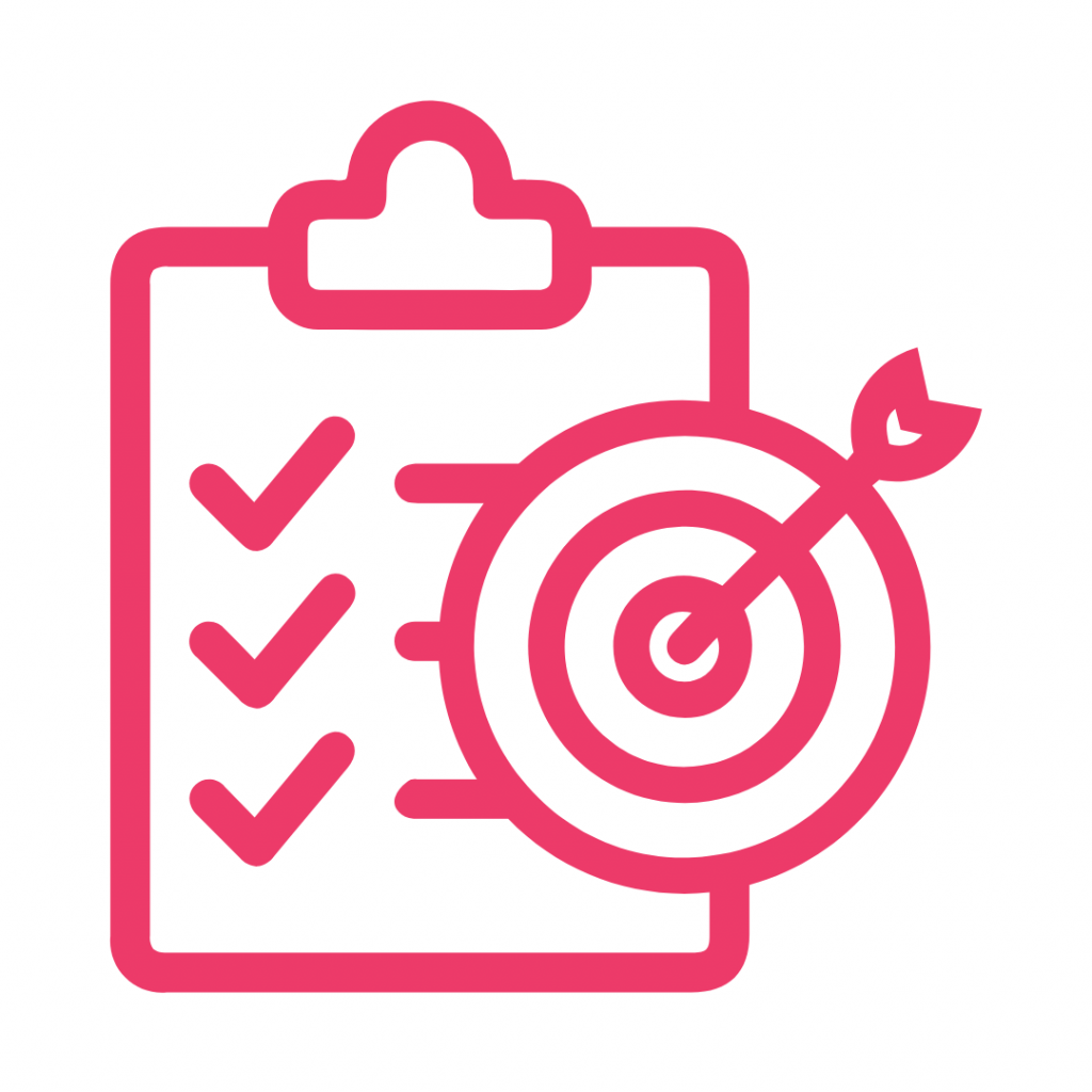 Line drawing of a clipboard with a checklist and a target with a bullseye