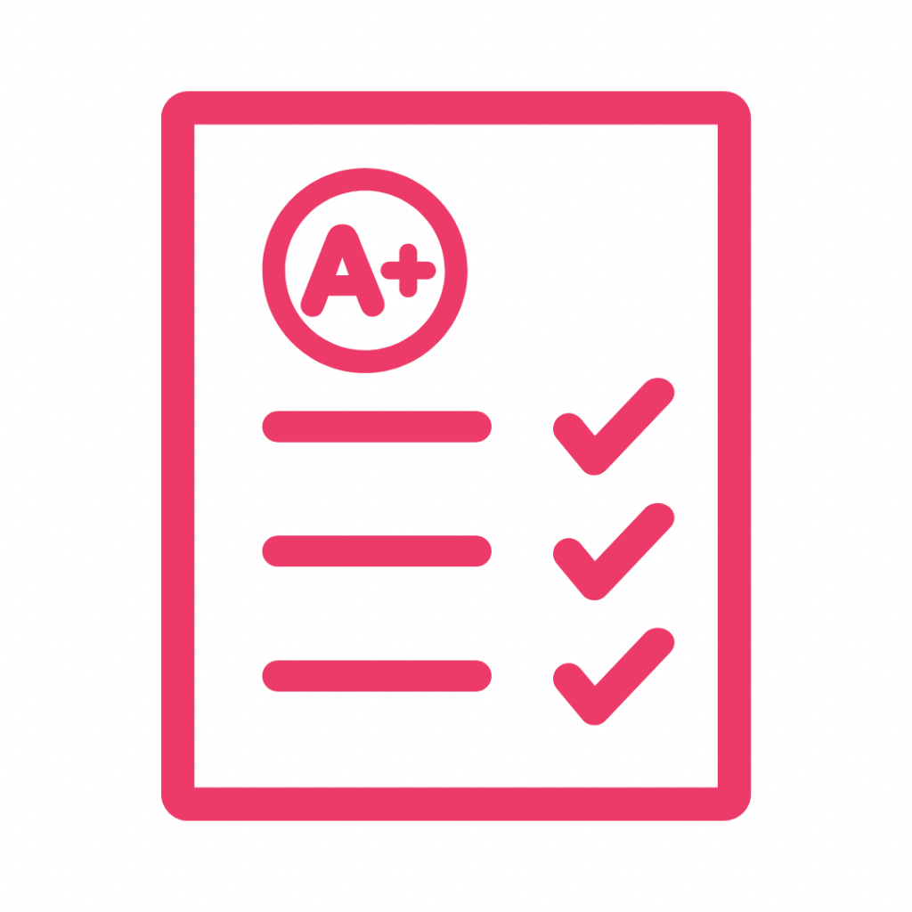 Pink line drawing of a paper with an A+ grade and checkmarks