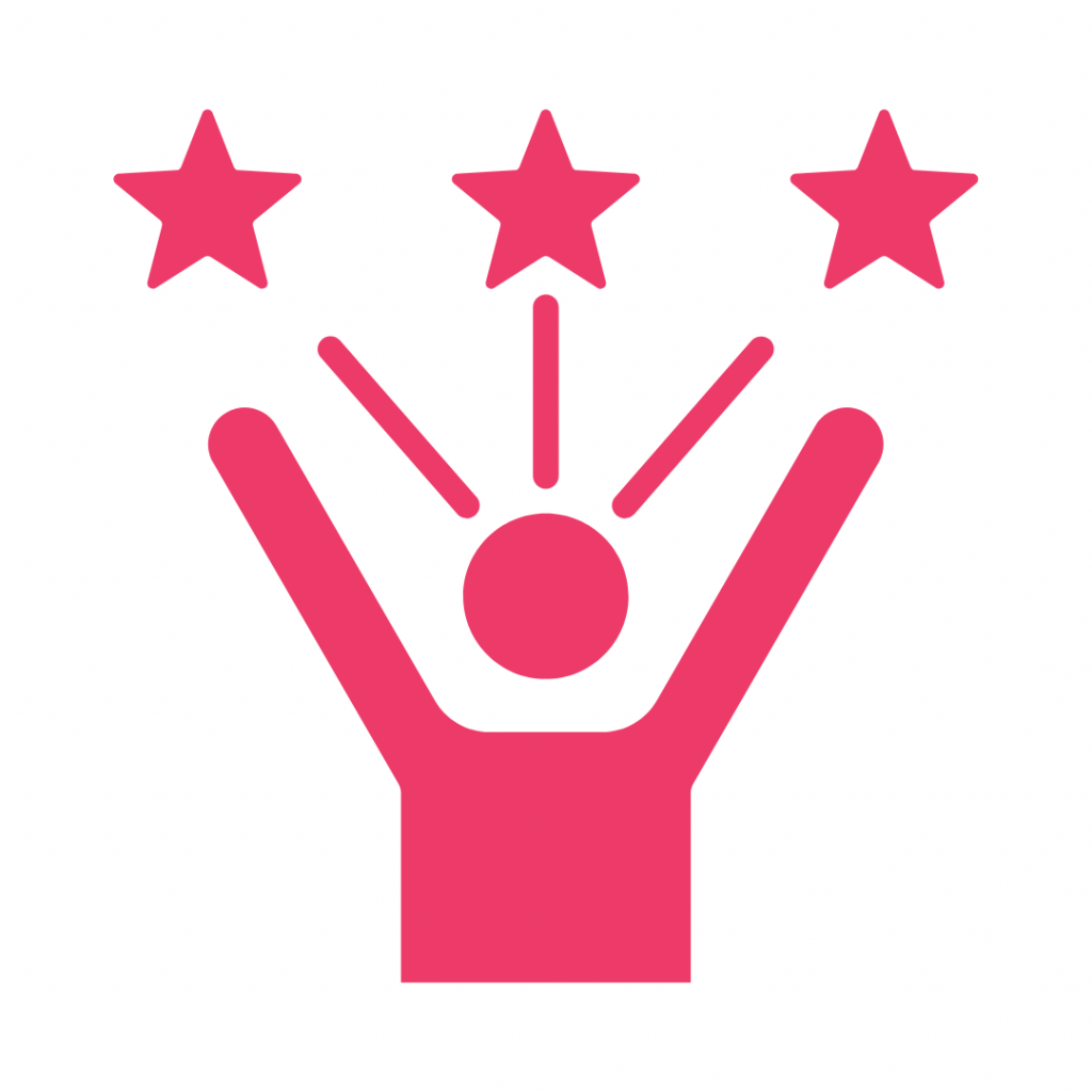 Pink icon of a person with arms raised and stars above them