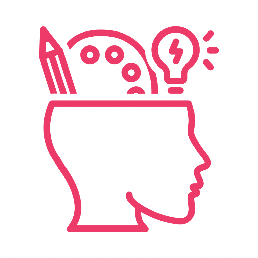Pink line drawing of a head with a pencil, paint palette, and lightbulb inside