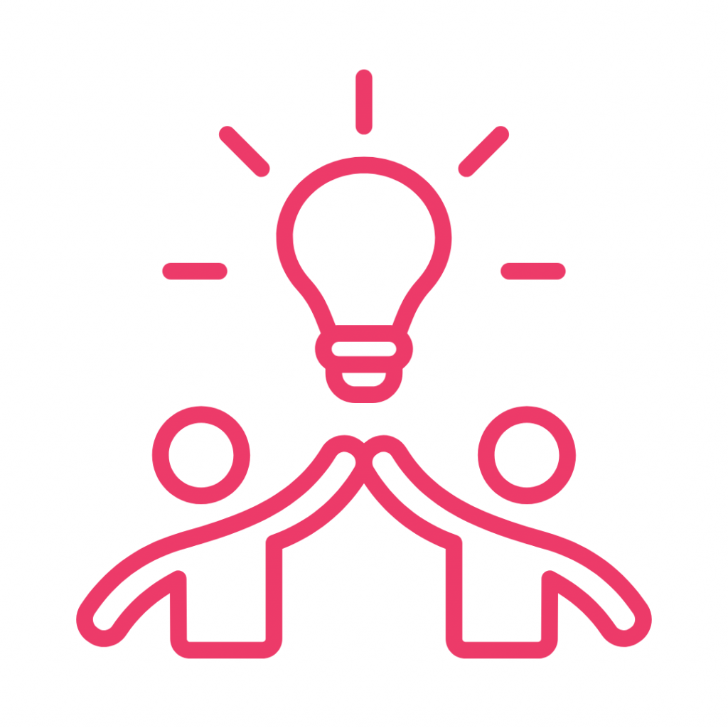 Pink line drawing of two people high-fiving with a lightbulb above them
