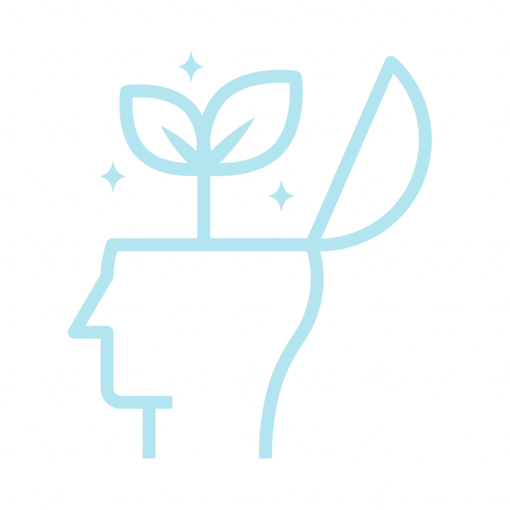 Line drawing of a head with a plant sprouting from the top, symbolizing growth and development.