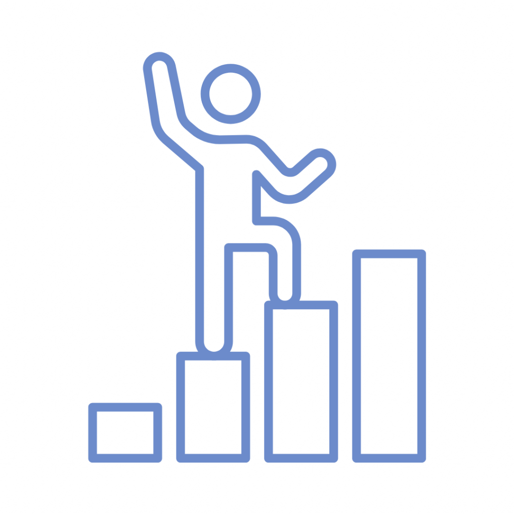 Blue line drawing of a person standing on top of a bar graph