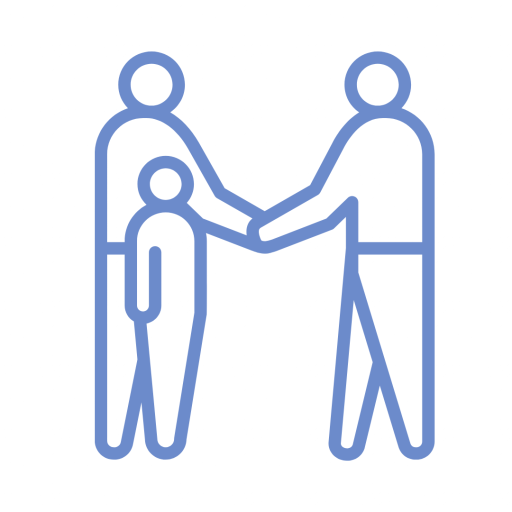 Blue line drawing of two people shaking hands with a smaller person in the middle