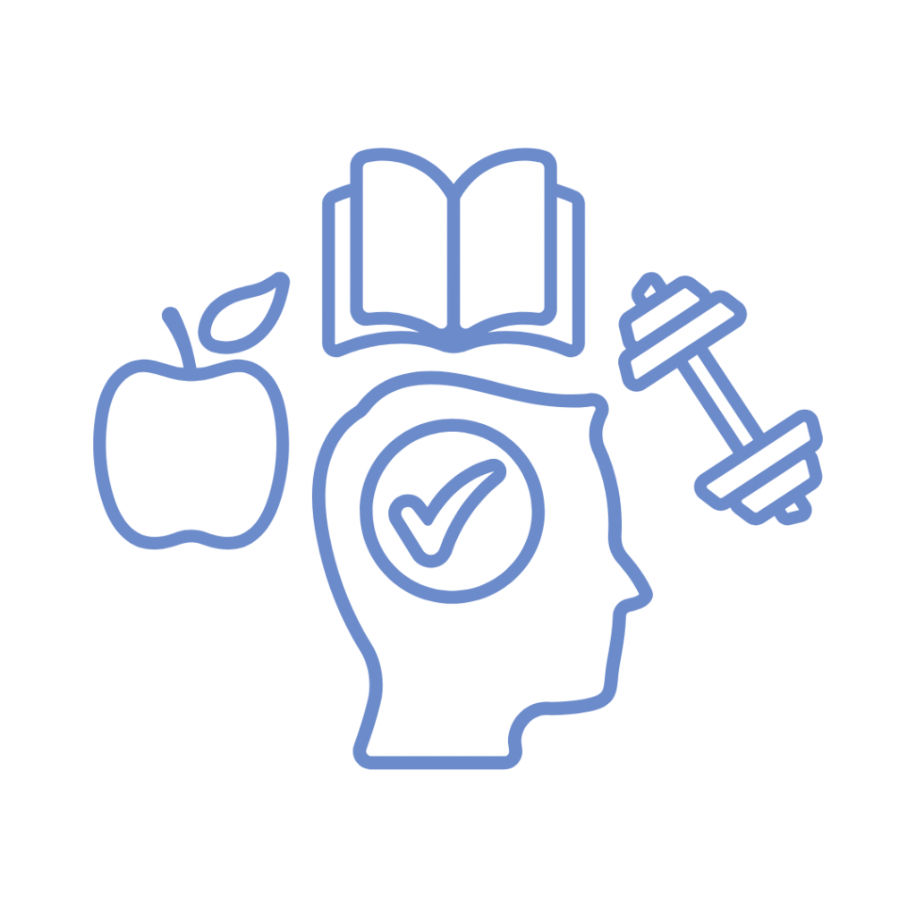 Blue line drawing of a head with a checkmark, surrounded by an apple, an open book, and dumbbells