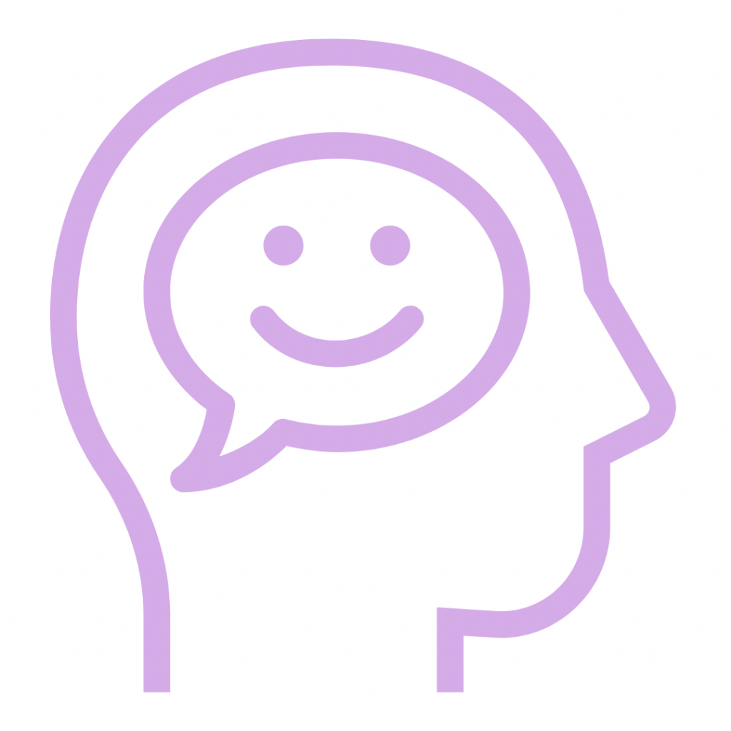 A head with a speech bubble containing a smiling face