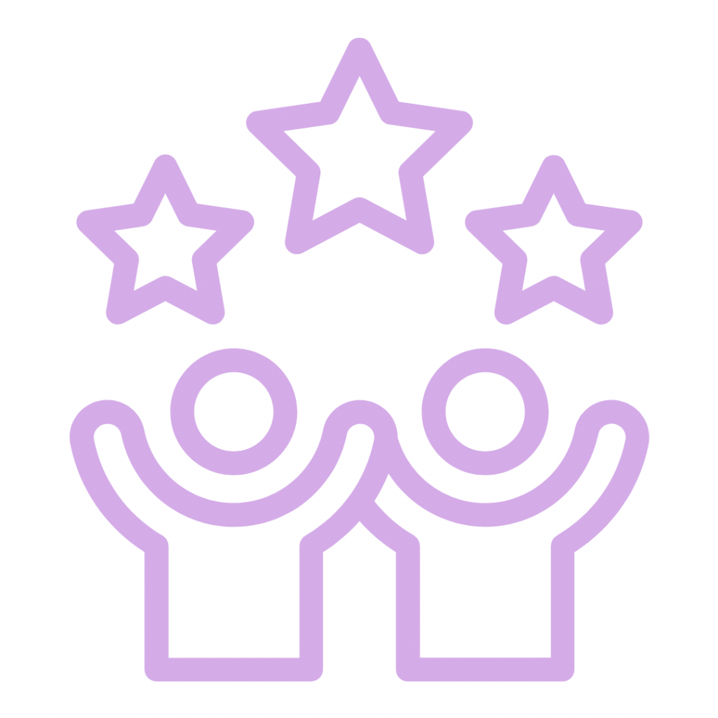 Two people raising their hands together with stars above them