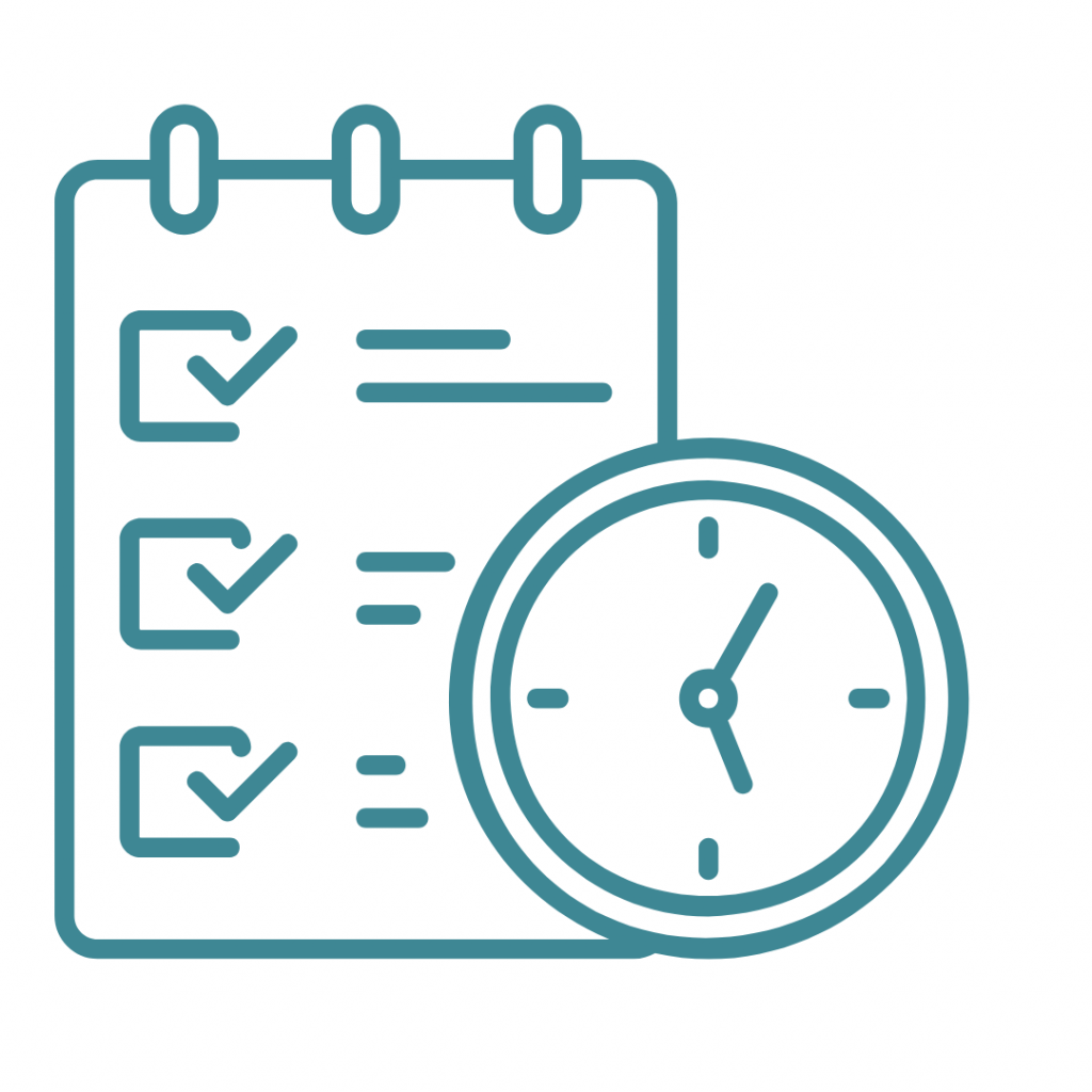 A checklist with checkmarks next to some items and a clock overlaying it