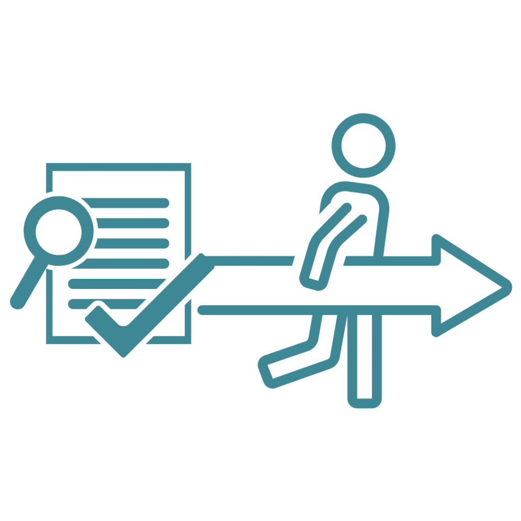 A person running towards a right arrow, with a document and magnifying glass behind them