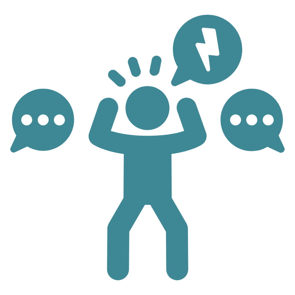 A person with their hands on their head, surrounded by speech bubbles with dots and a lightning bolt