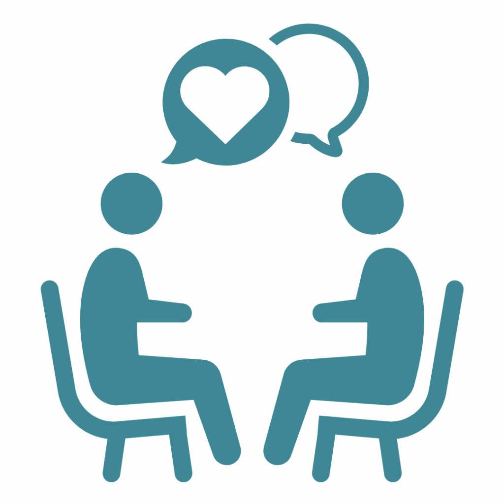 Two people sitting across from each other, with speech bubbles containing a heart symbol above them