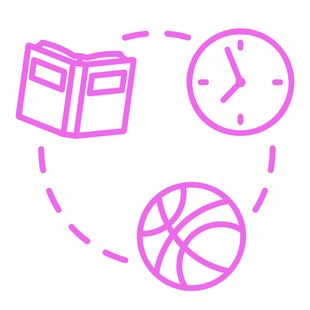 A book, a clock, and a basketball connected by dotted lines, representing a balanced lifestyle
