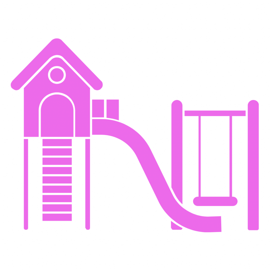 A playground set with a slide, a swing, and a playhouse