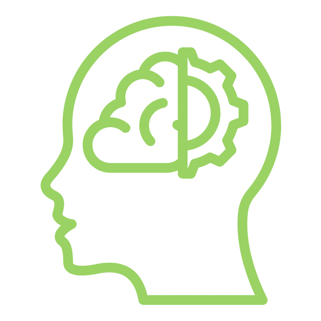 Human head with a brain and gear symbolizing thought and innovation
