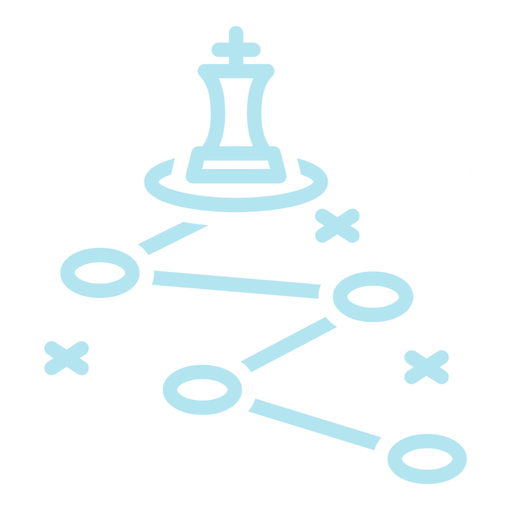 A chess king on top of a network of connected dots, representing strategic planning