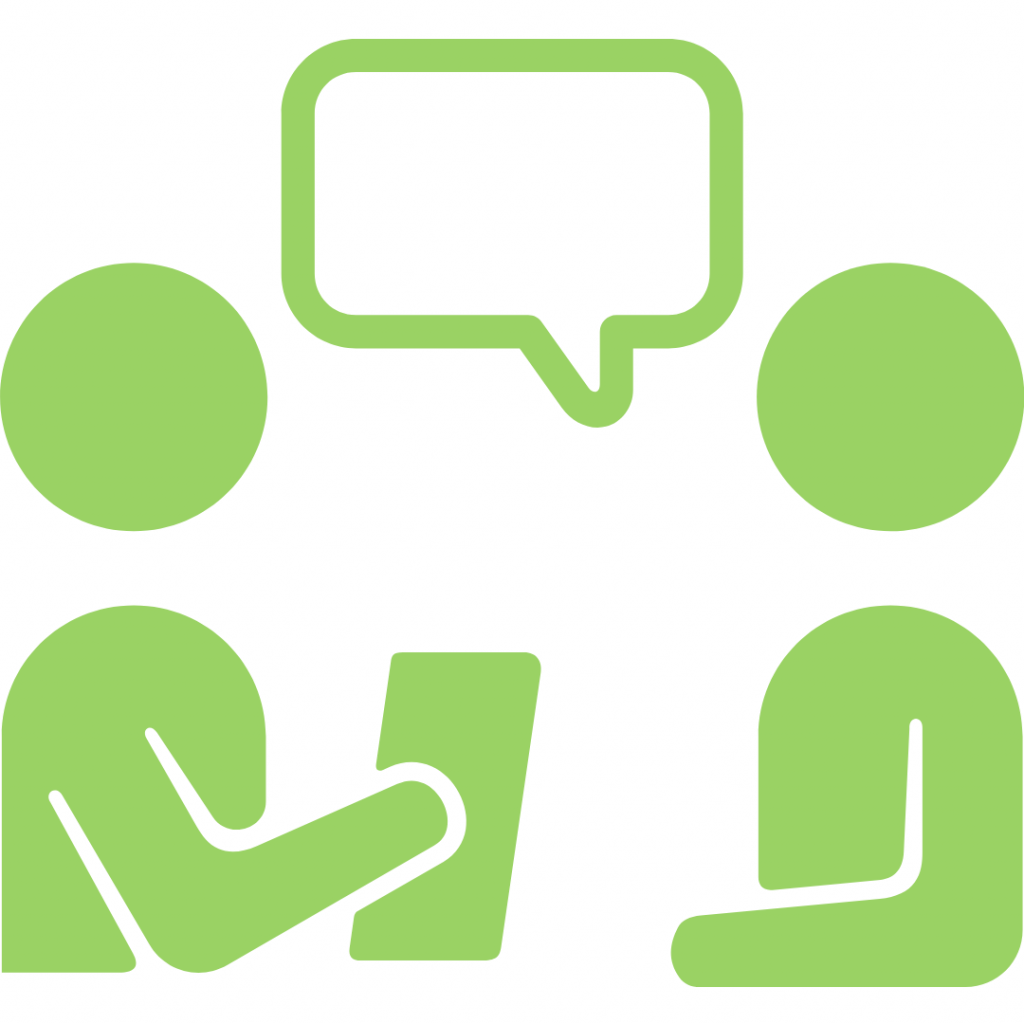 Two stick figures engaged in a conversation, with a speech bubble between them. One figure is holding a document.
