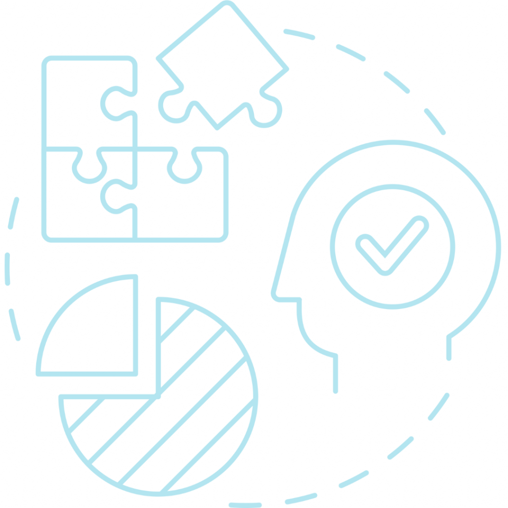 An illustration showing a human head with a checkmark inside, puzzle pieces fitting together, and a pie chart.
