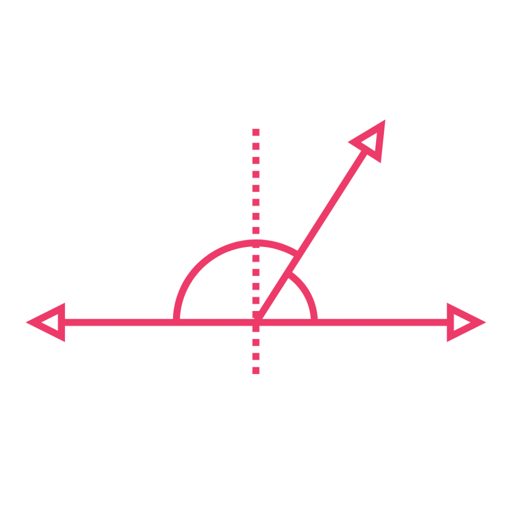 A pink line drawing of an angle with a vertex and two rays extending from it.
