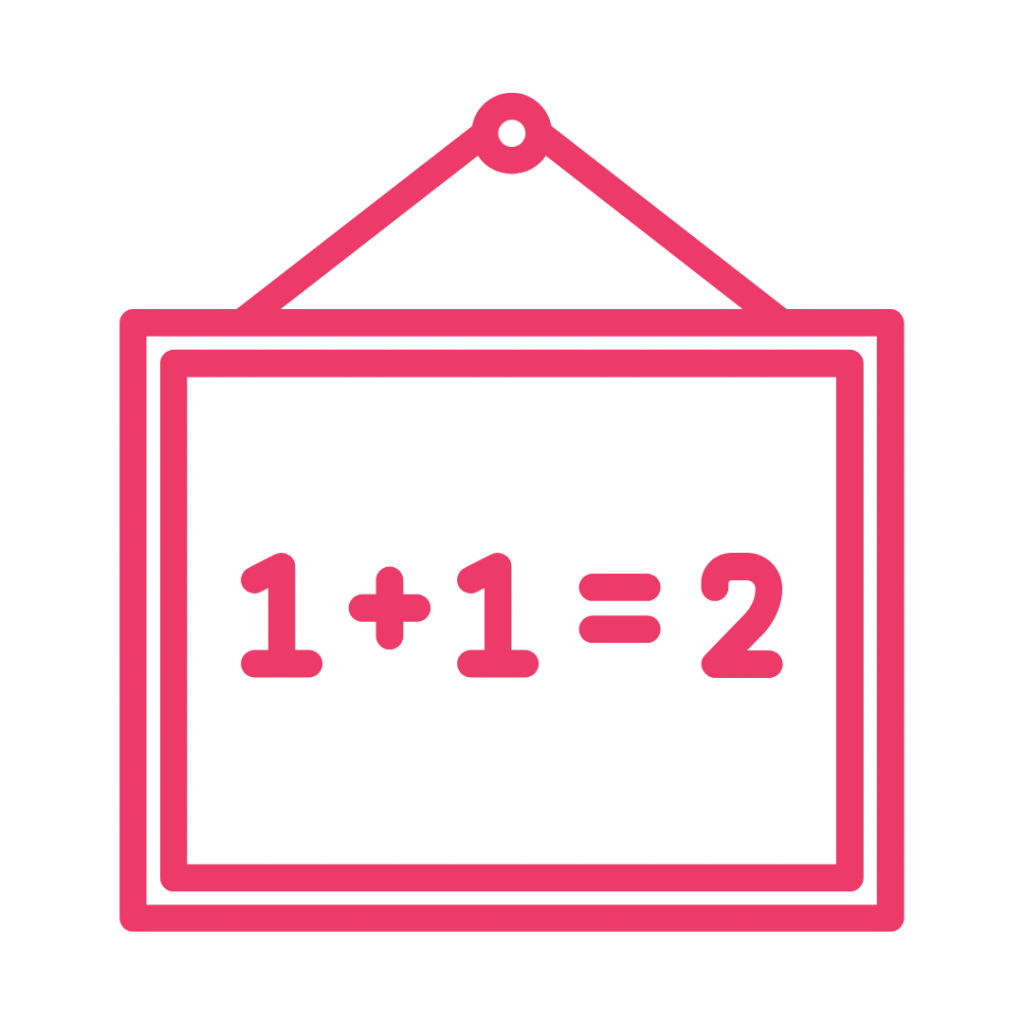 A pink line drawing of a framed sign with the equation "1 + 1 = 2" written on it.
