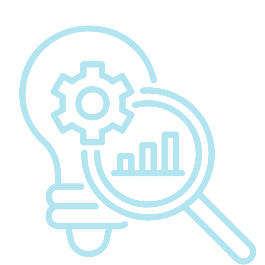 A line drawing of a lightbulb with a gear inside, a magnifying glass with a bar graph inside.
