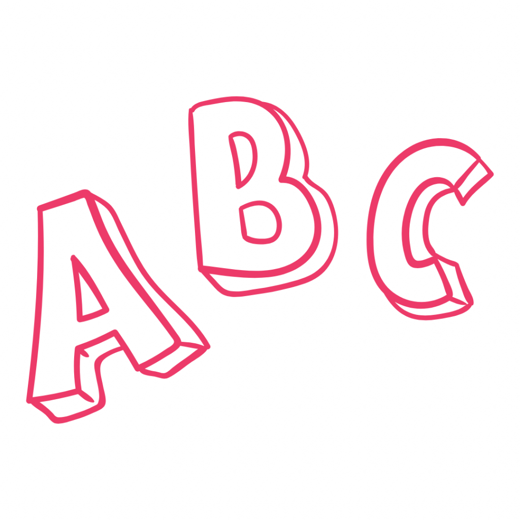 A pink line drawing of the letters A, B, and C, drawn in a bold, 3D style.