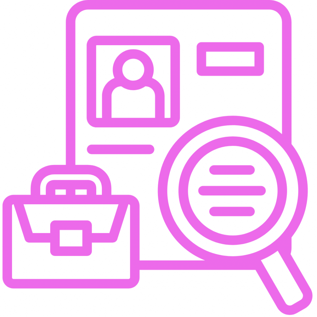 A line drawing of a briefcase, a resume with a profile picture, and a magnifying glass.
