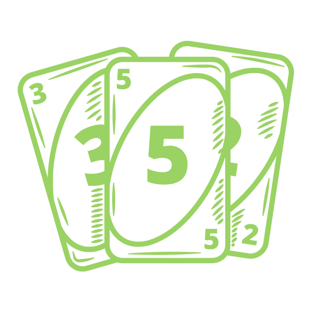 A green line drawing of a hand of Uno cards, showing a 5 card, a 3 card, and a 2 card.
