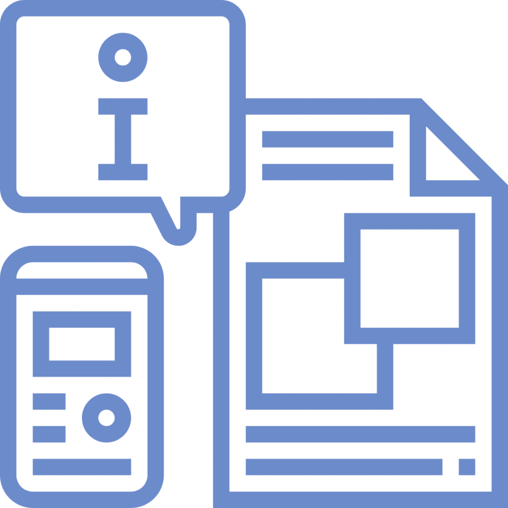 A line drawing of a smartphone, a document with text and boxes, and a speech bubble with an "i" symbol.
