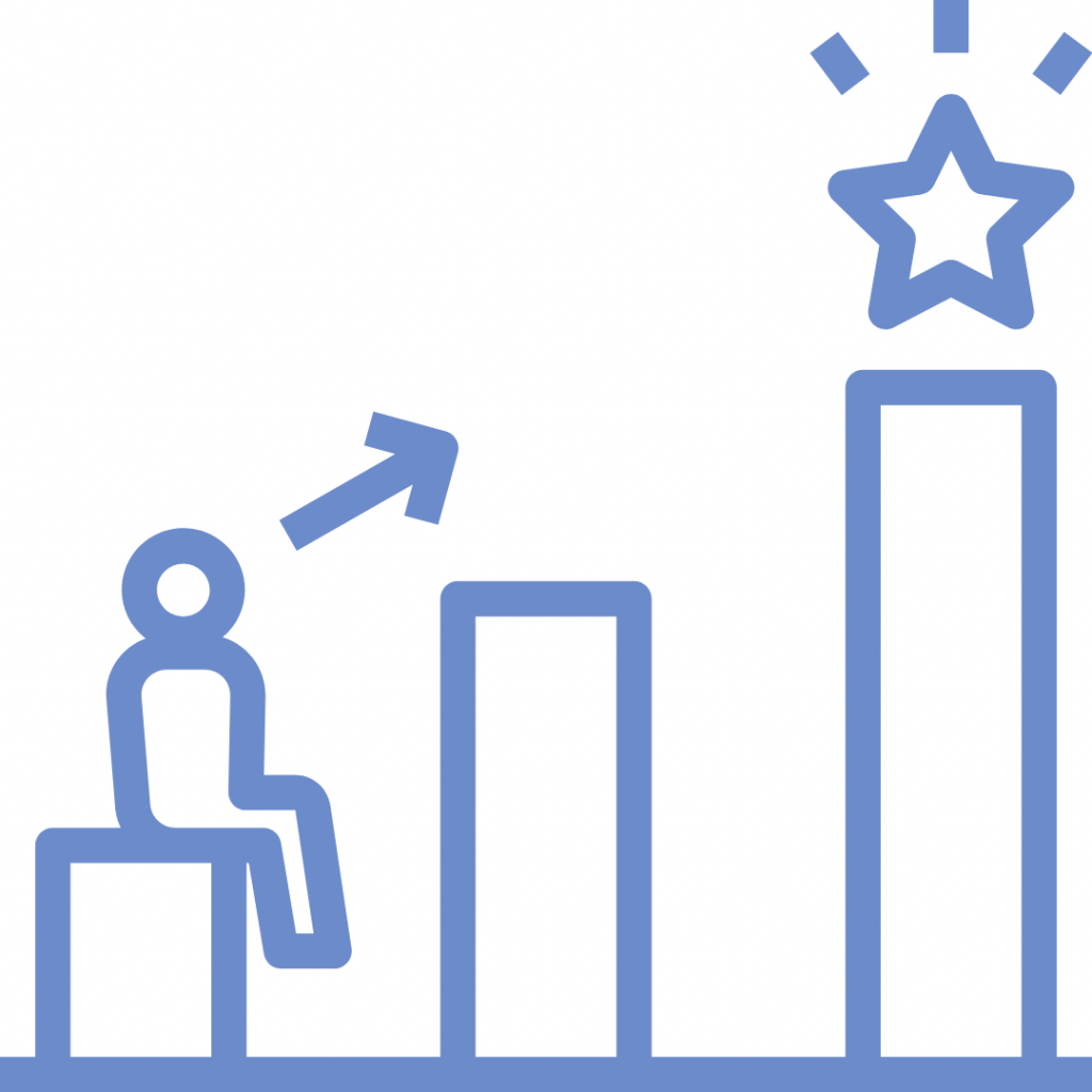 A line drawing of a person sitting on a bar graph, with an arrow pointing upwards towards a star.
