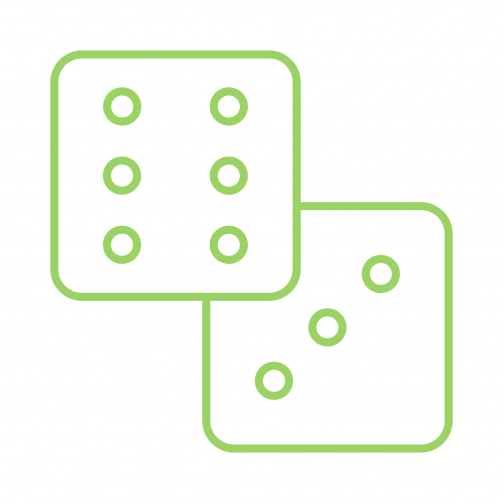 A green line drawing of two dice. One die shows six dots, and the other shows three dots.
