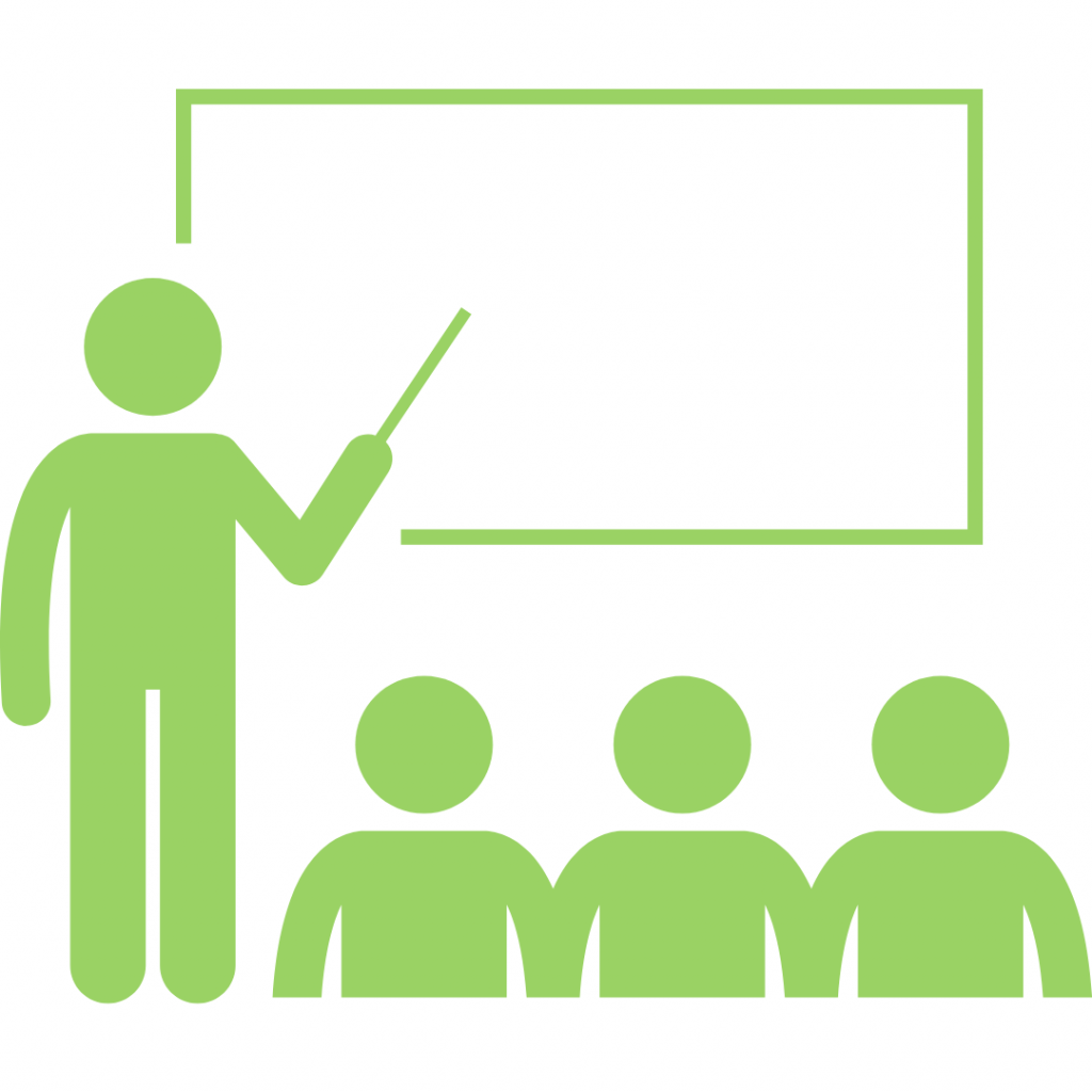 A stick figure teacher standing in front of a whiteboard, pointing with a pointer, while three stick figure students sit in front of the board.
