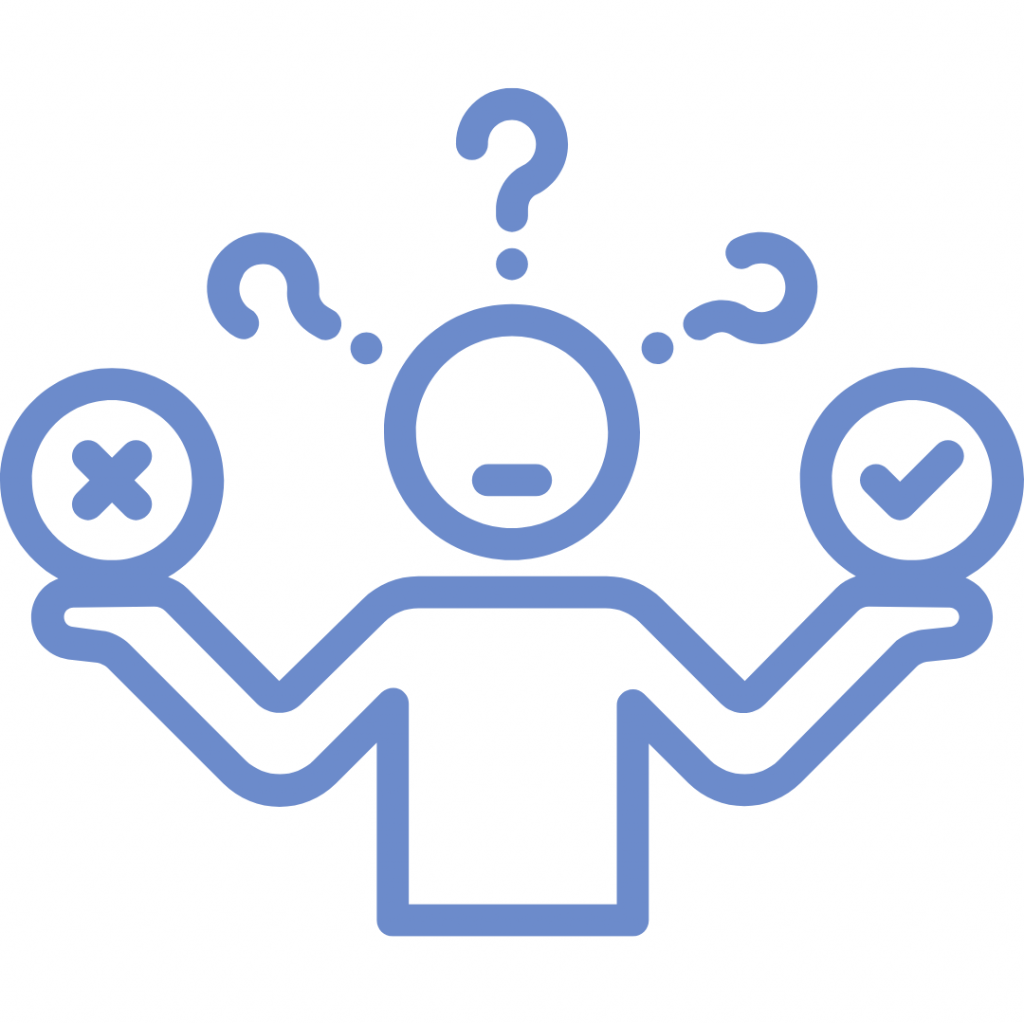 A line drawing of a person holding a circle with a checkmark in one hand and a circle with an X in the other hand, with question marks above their head.
