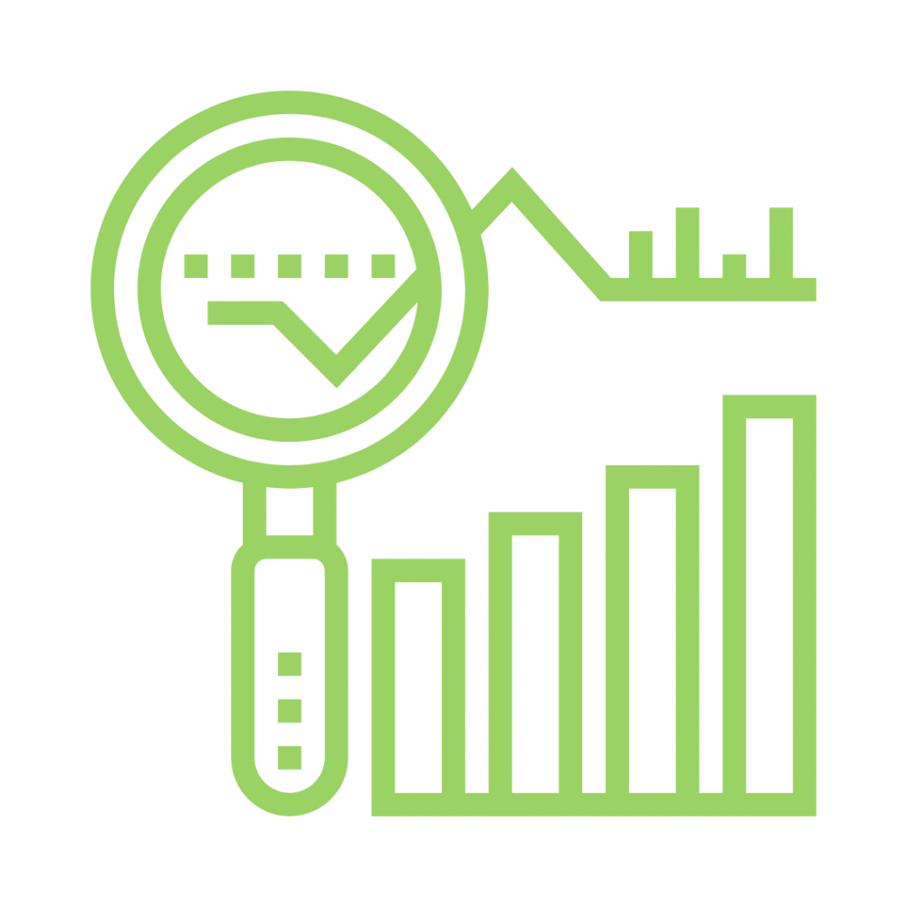 A green line drawing of a magnifying glass focusing on a section of a bar graph.
