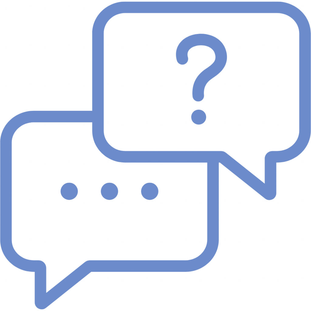 Two speech bubbles, one with a question mark and the other with ellipses.
