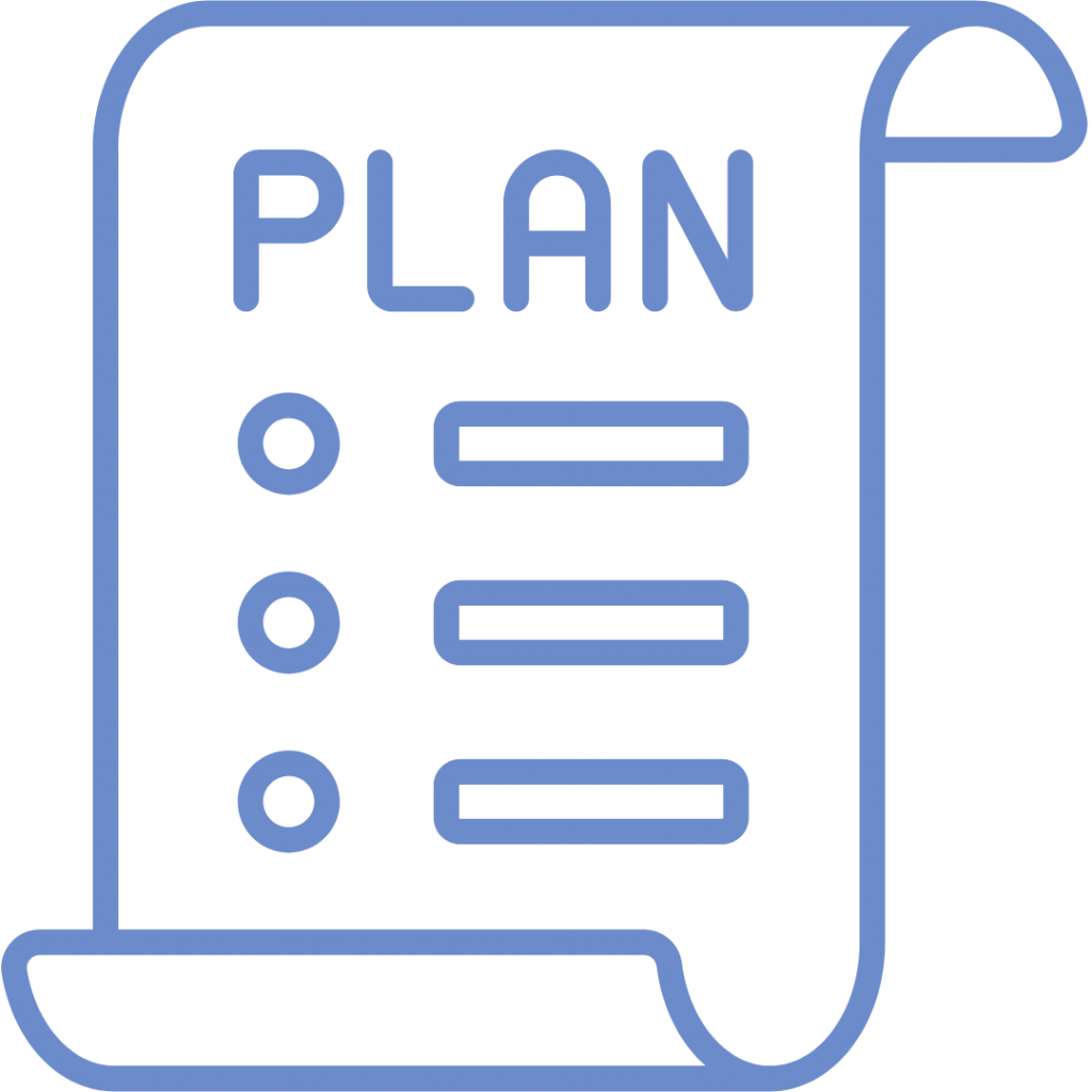 A scroll with the word "PLAN" written on it and a checklist underneath.
