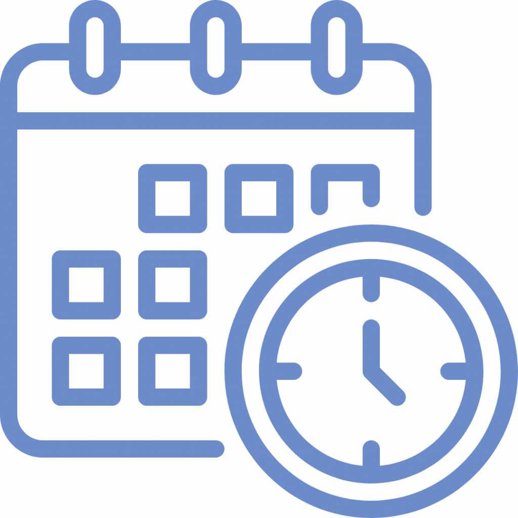 A line drawing of a calendar with a clock overlapping it.
