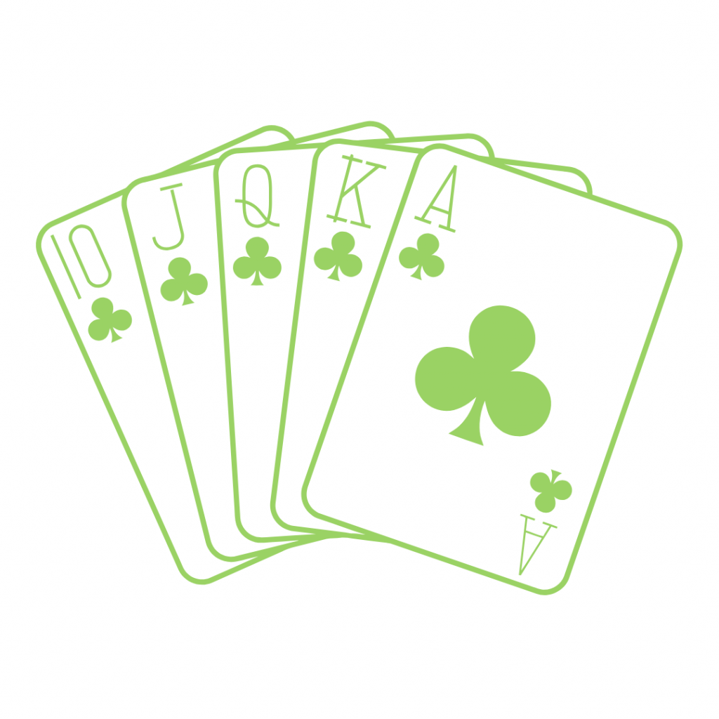 A green line drawing of five playing cards in a row. The cards are: 10 of clubs, Jack of clubs, Queen of clubs, King of clubs, and Ace of clubs.