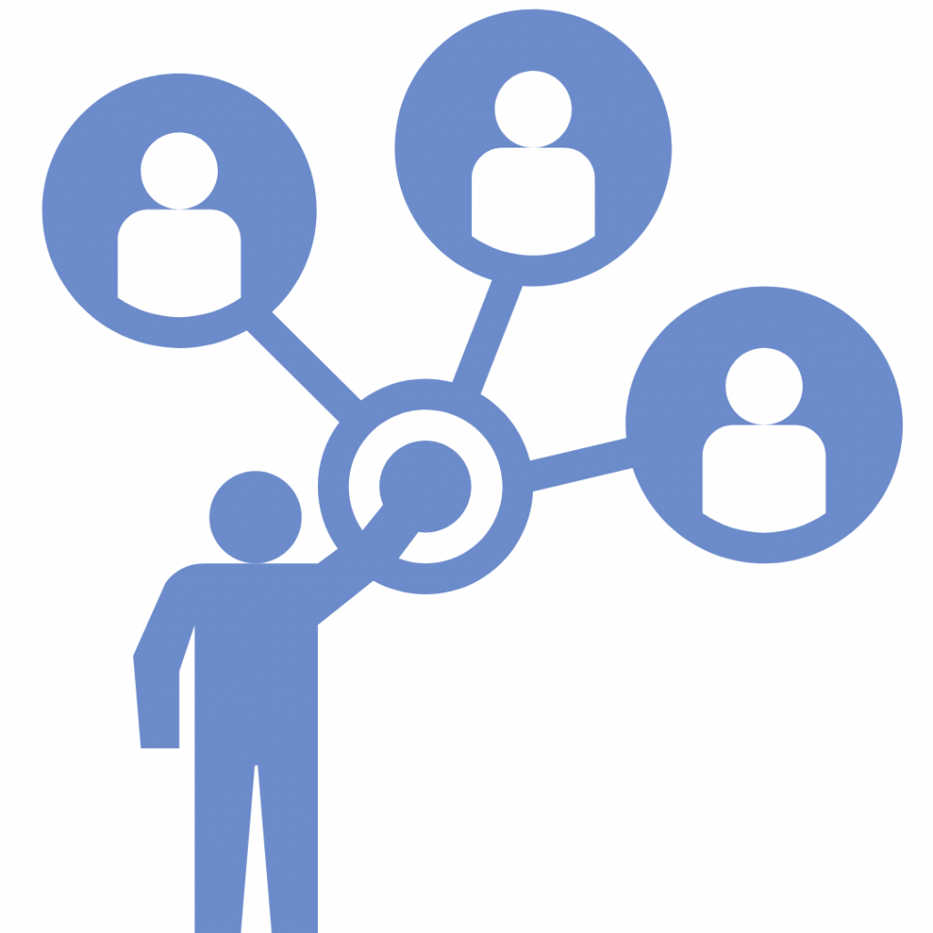 A line drawing of a person connecting with three other people represented by circles.
