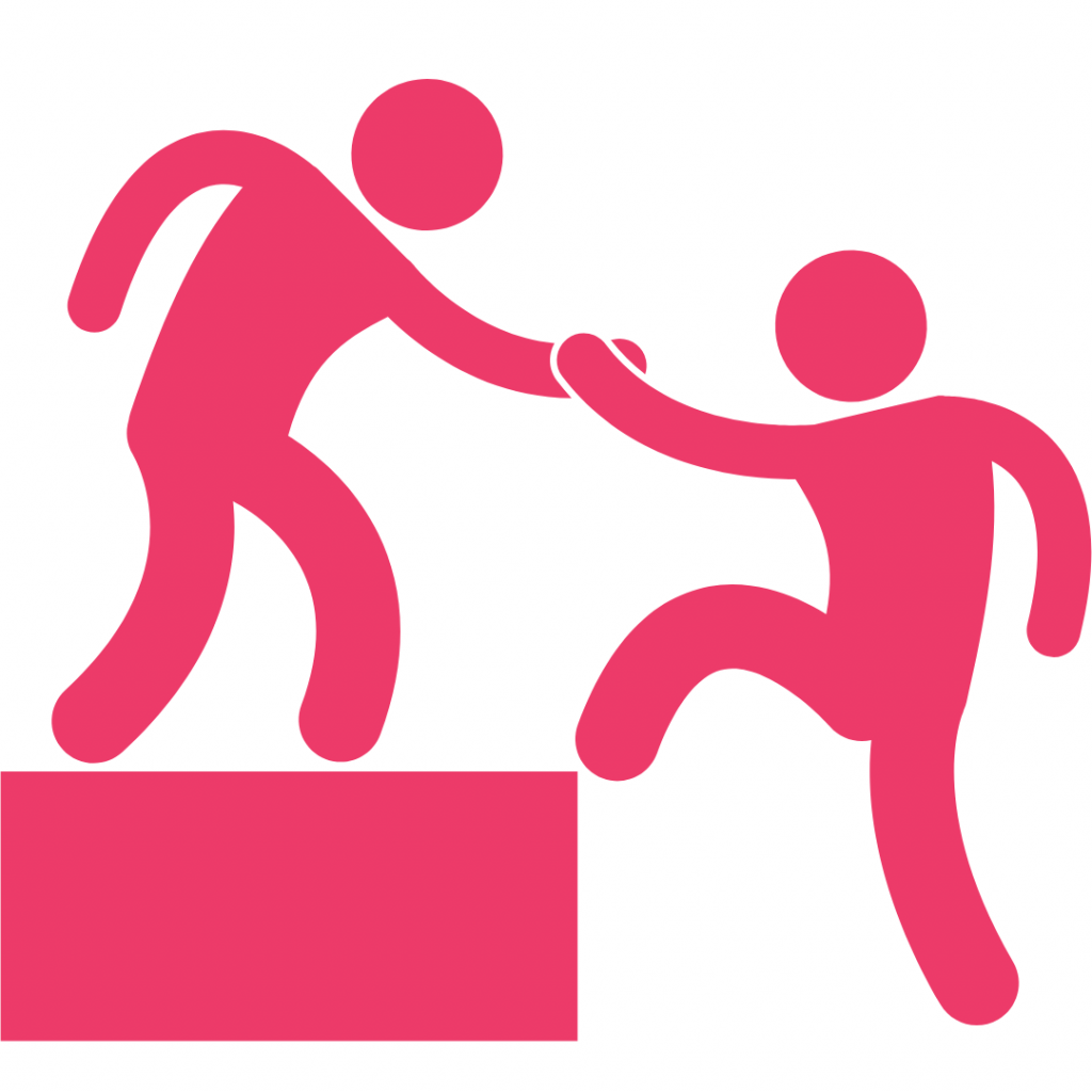 Two stick figures, one reaching down to help the other up a step.