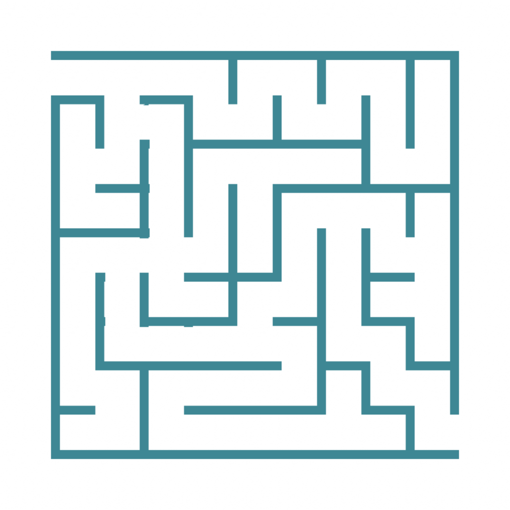 A blue line drawing of a maze with many twists and turns.
