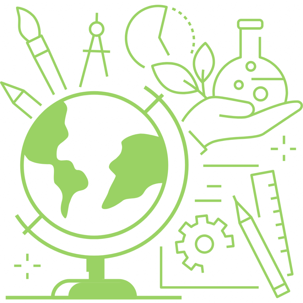 A green globe surrounded by various educational symbols, including a paintbrush, compass, ruler, pencils, a flask, gears, and a plant.
