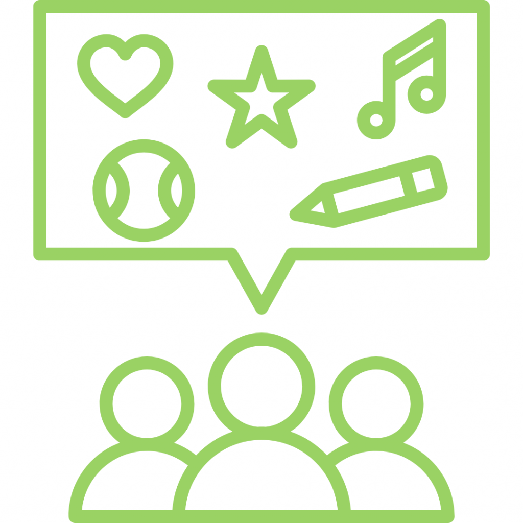 Three stick figures with a speech bubble above their heads containing symbols representing interests such as a heart, star, music note, baseball, and pencil.
