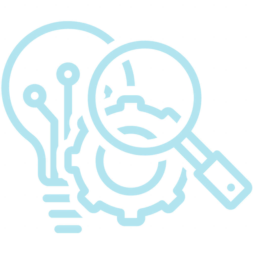 A light bulb with a circuit board inside, a magnifying glass focused on a gear.
