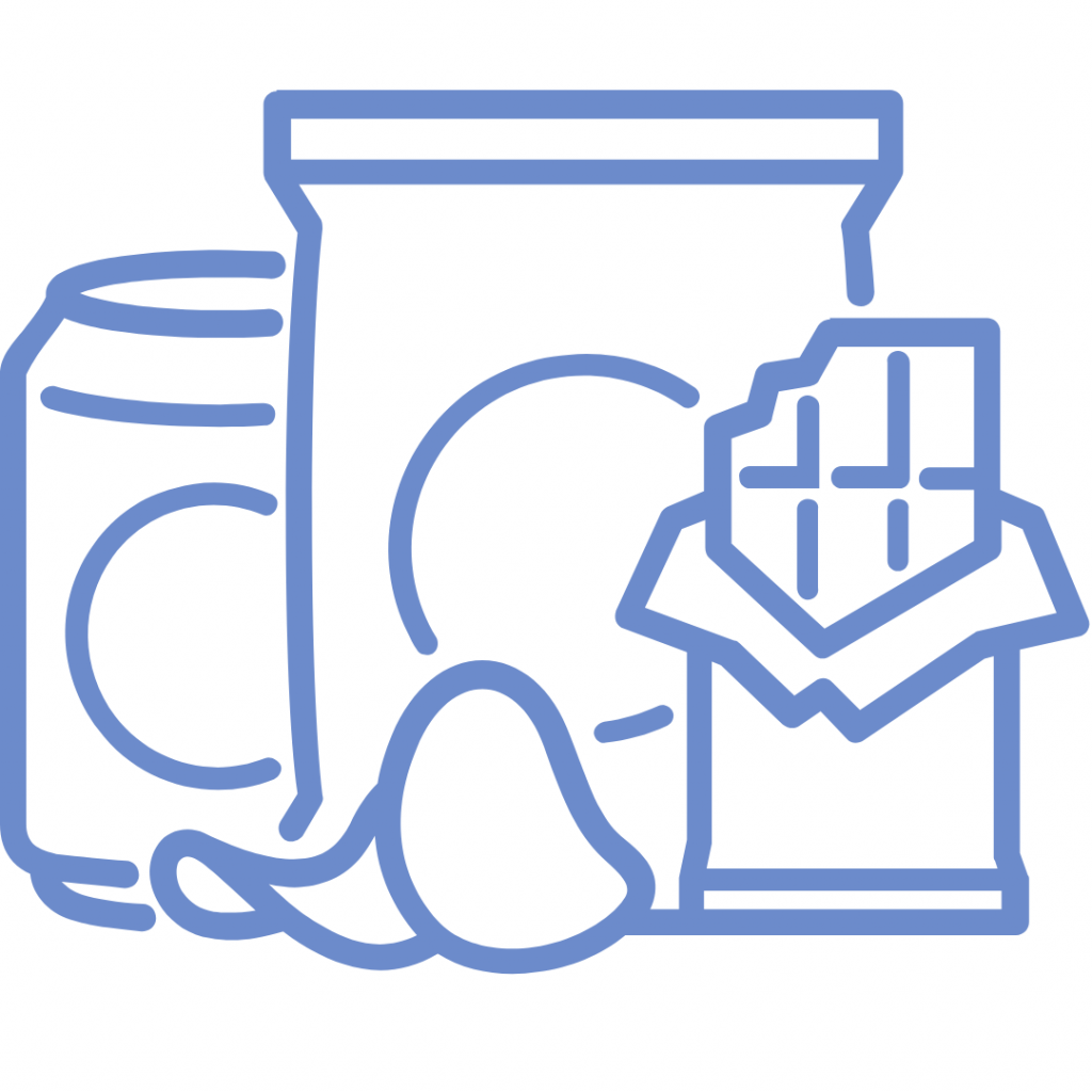 A line drawing of a soda can, a bag of chips, and a chocolate bar.