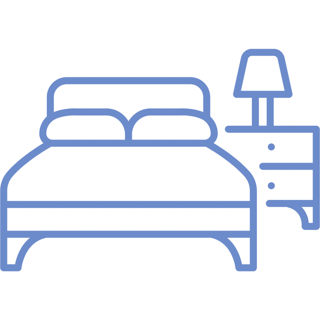 An illustration of a bed with two pillows and a nightstand with a lamp.